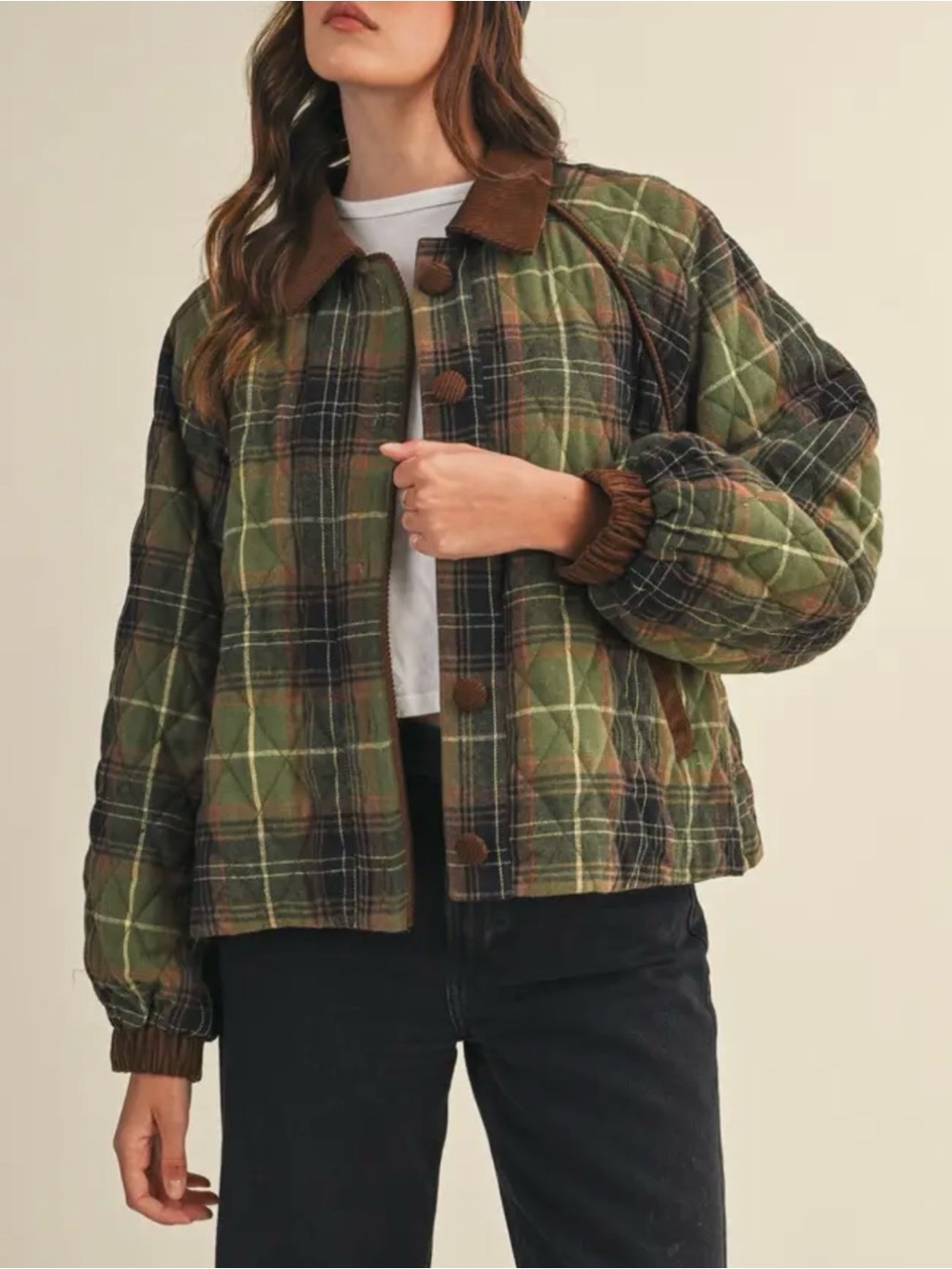 &Merci Tartan Plaid Corduroy Trim Barn Swing Quilted Puffer Jacket Medium